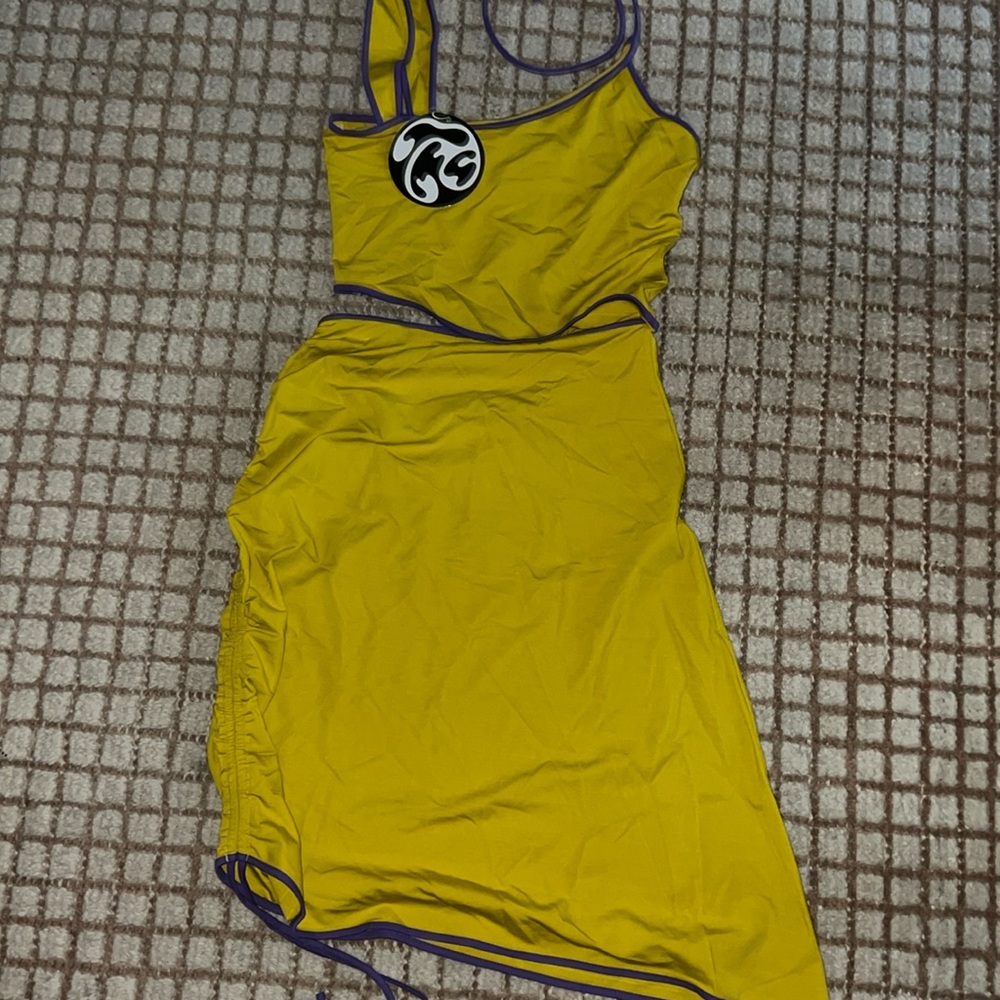 Asymmetrical Yellow Spaghetti Strap Dress with Contrast Trim